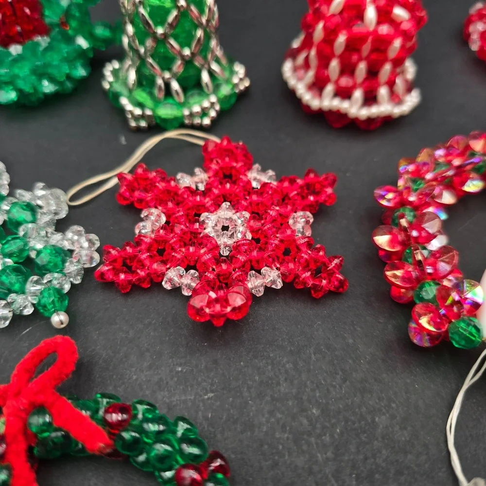 Vintage Handmade Beaded Christmas Ornaments Lot Wreaths Candy Canes Snowflakes
